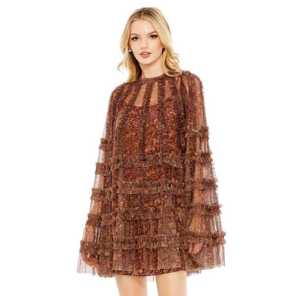 FLORAL PRINT LONG
FLARE SLEEVE MESH A-LINE DRESS size 4 NWOT - Picture 1 of 7